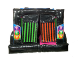 Airquee Disco Party Bus inflatable with black exterior, colourful striped entrance, and disco-themed speaker artwork.
