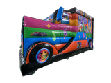 Airquee Disco Party Bus inflatable with vibrant music-themed artwork, oversized wheels, and a multiplay bounce area.