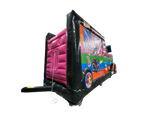 Airquee Disco Party Bus inflatable with vibrant music-themed artwork, oversized wheels, and a rear entrance ramp.