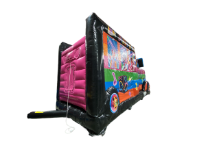 Airquee Disco Party Bus inflatable with vibrant music-themed artwork, oversized wheels, and a rear entrance ramp.