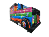 Airquee Disco Party Bus inflatable with vibrant music-themed artwork, oversized wheels, and a colourful bus design.