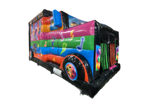 Airquee Disco Party Bus inflatable with vibrant music-themed artwork, oversized wheels, and a colourful bus design.
