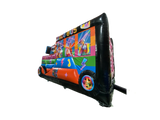 Airquee Disco Party Bus inflatable with vibrant music-themed artwork, oversized wheels, and a multiplay interior.