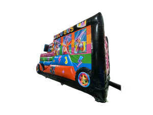 Airquee Disco Party Bus inflatable with vibrant music-themed artwork, oversized wheels, and a multiplay interior.