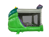 Airquee Dragon's Lair Combi inflatable bouncy castle and slide with green, grey, and purple commercial-grade PVC.