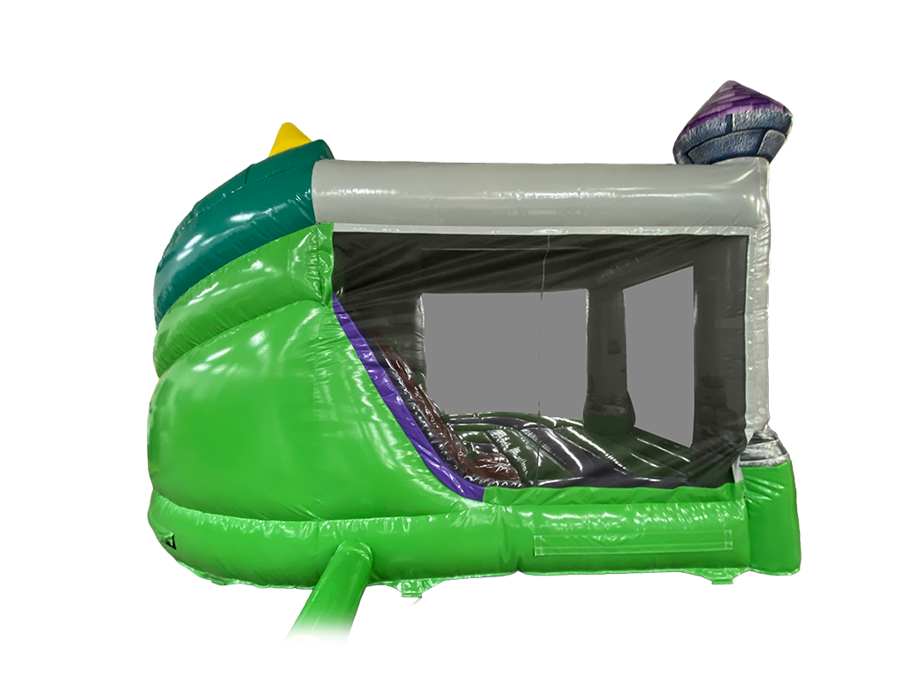 Airquee Dragon's Lair Combi inflatable bouncy castle and slide with green, grey, and purple commercial-grade PVC.