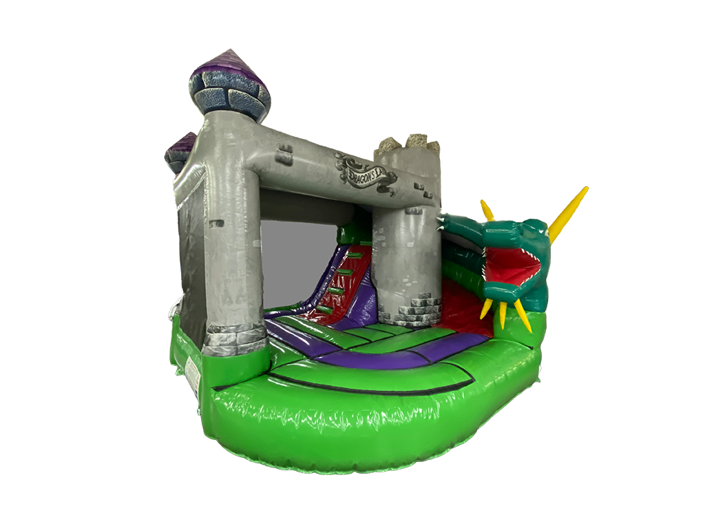 Airquee Dragon's Lair Combi inflatable bouncy castle with a 3D dragon, medieval tower design, and integrated slide.