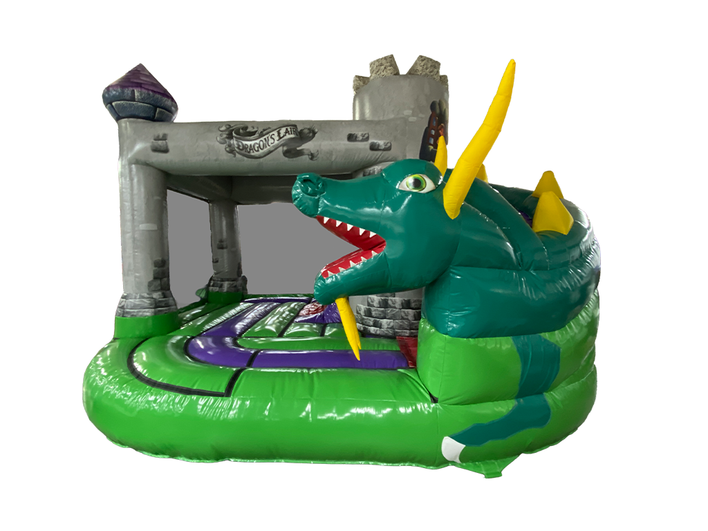Airquee Dragon's Lair Combi inflatable bouncy castle with a large 3D green dragon, slide, and medieval castle design.