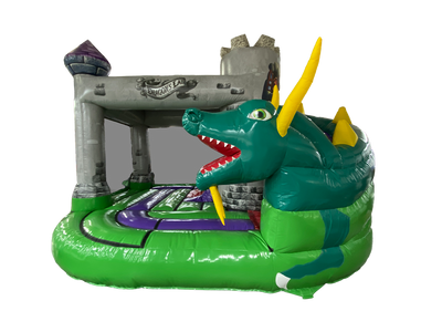 Airquee Dragon's Lair Combi inflatable bouncy castle with a large 3D green dragon, slide, and medieval castle design.