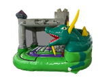 Airquee Dragon's Lair Combi inflatable bouncy castle with a large 3D green dragon, slide, and medieval castle design.
