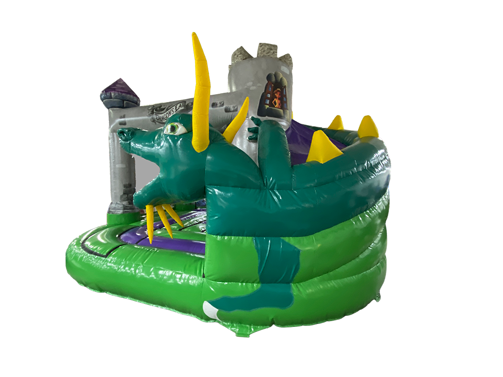 Airquee Dragon's Lair Combi inflatable bouncy castle with a large 3D dragon, slide, and medieval castle design.