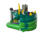 Airquee Dragon's Lair Combi inflatable bouncy castle with a large 3D dragon, slide, and medieval castle design.