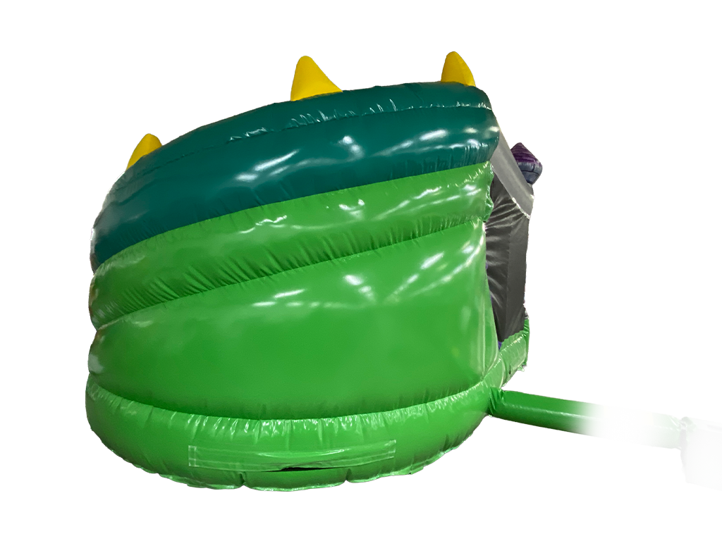 Airquee Dragon's Lair Combi inflatable bouncy castle with a green dragon-themed exterior and yellow spikes