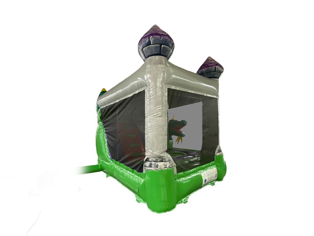 Airquee Dragon's Lair Combi inflatable bouncy castle with a medieval theme, green walls, and 3D dragon features.