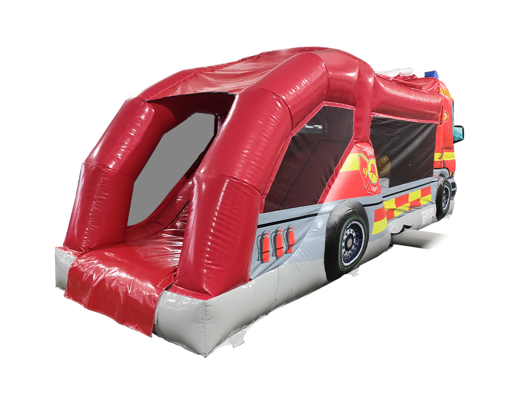 Airquee 1 Part 3D Fire Truck Fun Run inflatable obstacle course with red and grey PVC and realistic engine detailing.