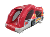 Airquee 1 Part 3D Fire Truck Fun Run inflatable obstacle course with red and grey PVC and realistic engine detailing.