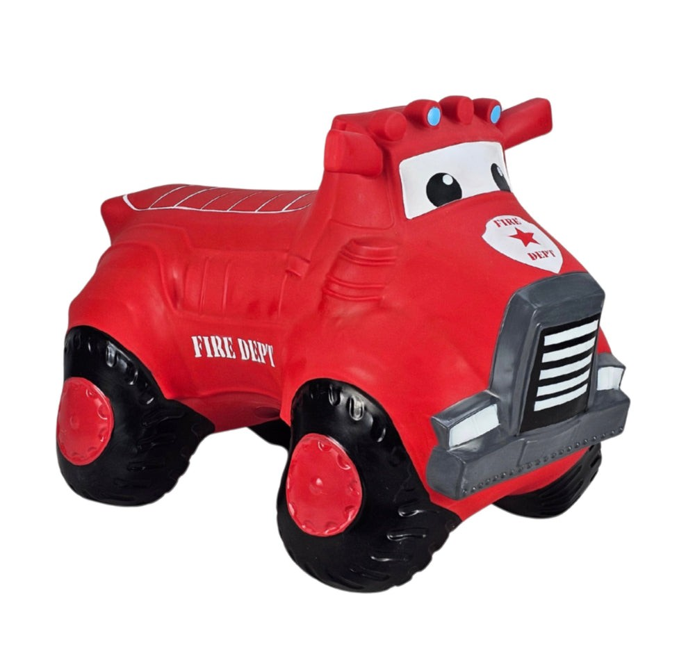 Airquee Fire Truck Happy Hopperz inflatable ride-on toy for toddlers in bright red with fire department graphics