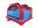 Airquee 4.5m fire truck inflatable bouncy castle with twin lane front slides, red and blue gloss PVC construction.