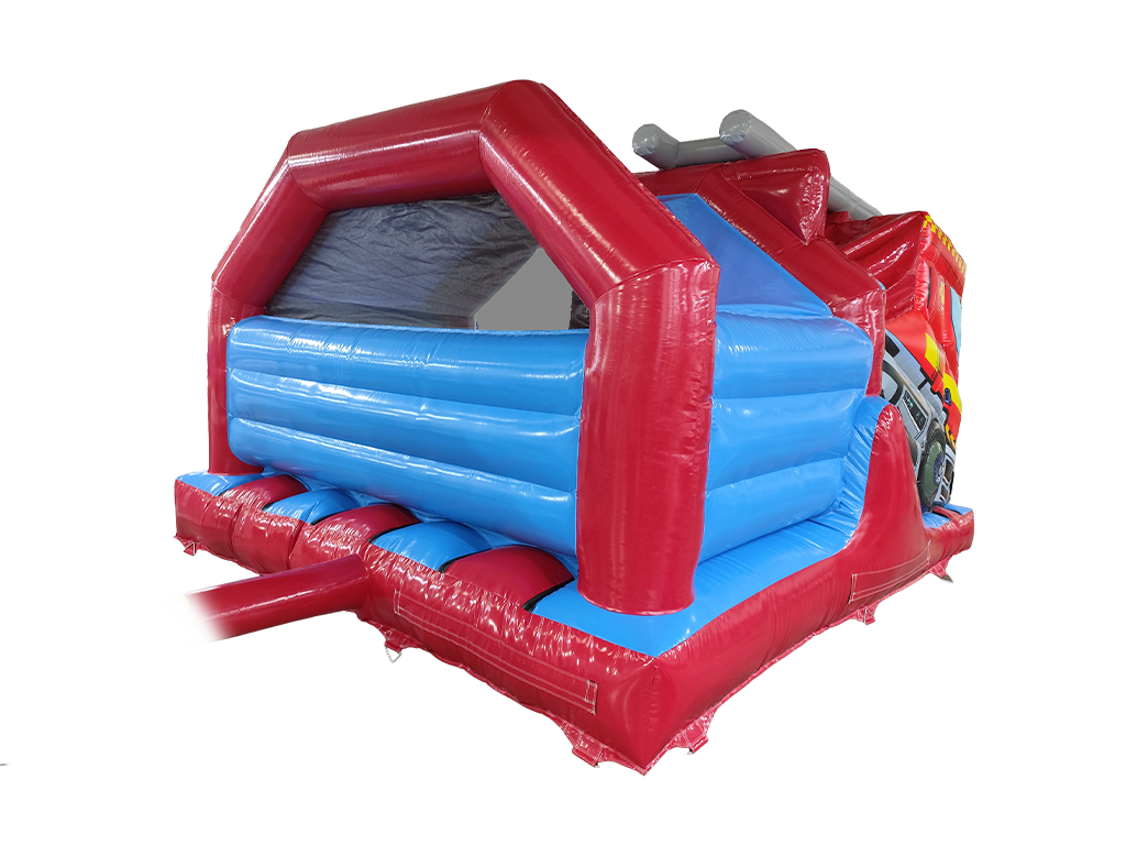 Airquee 4.5m fire truck inflatable bouncy castle with twin lane front slides, red and blue gloss PVC construction.