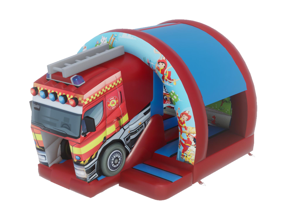 Airquee 3D fire truck inflatable bouncy castle with a curved front slide and vibrant rescue-themed artwork.