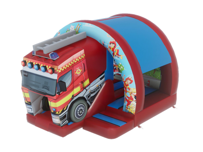 Airquee 3D fire truck inflatable bouncy castle with a curved front slide and vibrant rescue-themed artwork.