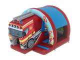 Airquee 3D fire truck inflatable bouncy castle with a curved front slide and vibrant rescue-themed artwork.