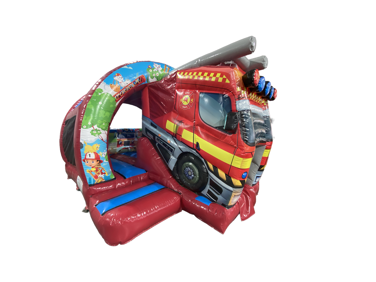 Airquee 3D fire truck inflatable bouncy castle with a curved front slide and vibrant rescue-themed artwork.