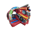 Airquee 3D fire truck inflatable bouncy castle with a curved front slide and vibrant rescue-themed artwork.