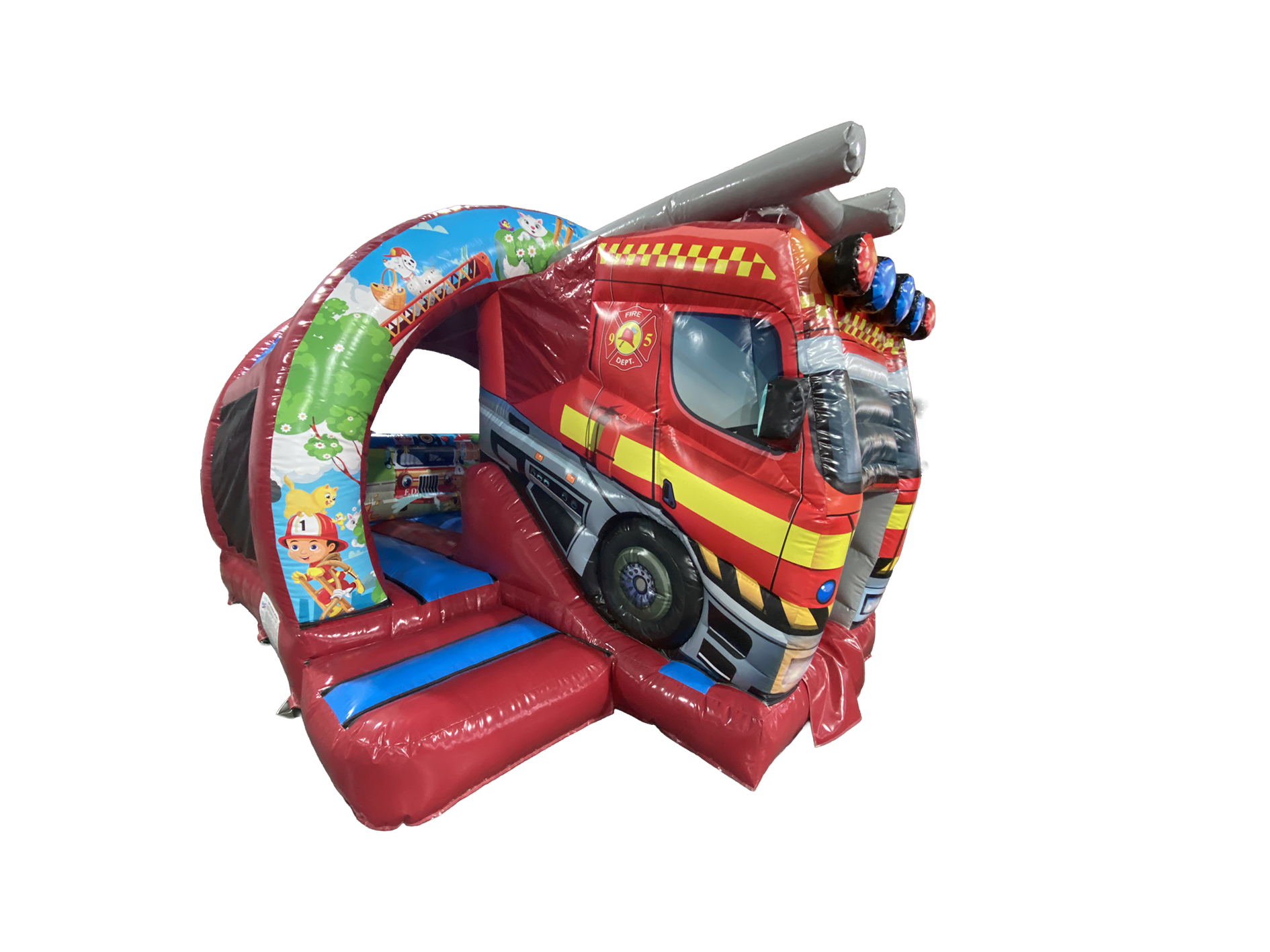 Airquee 3D fire truck inflatable bouncy castle with a curved front slide and vibrant rescue-themed artwork.