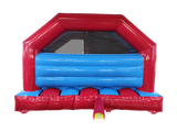 Airquee 4.5m x 4.5m inflatable bouncy castle with a red and blue design, featuring a front slide and bounce area.