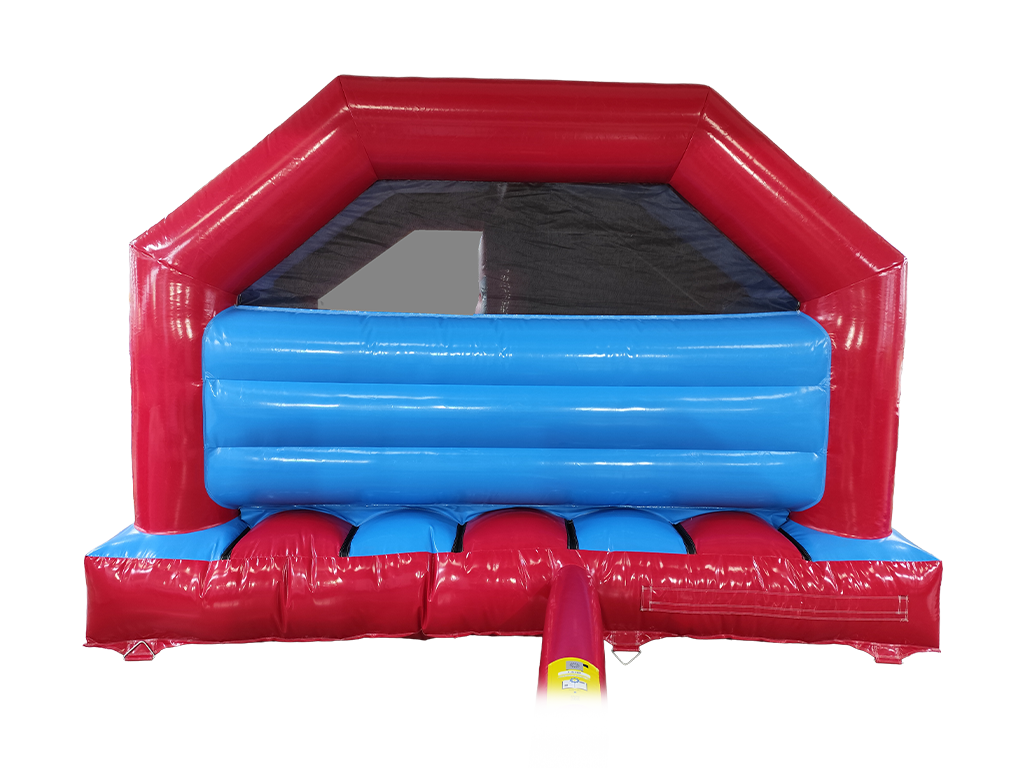 Airquee 4.5m x 4.5m inflatable bouncy castle with a red and blue design, featuring a front slide and bounce area.