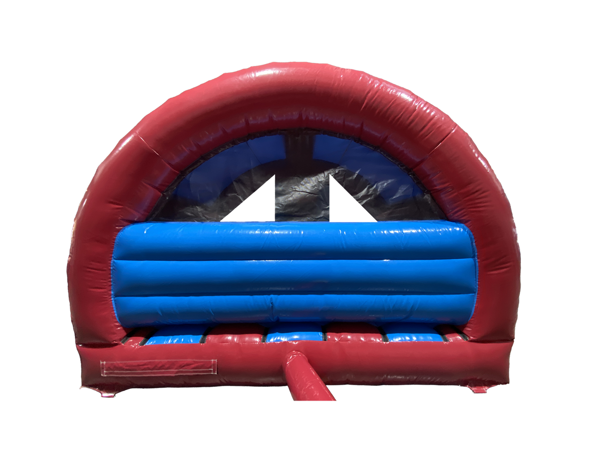 Airquee 3D fire truck inflatable combi with a curved front slide, featuring vibrant red and blue PVC construction.