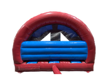 Airquee 3D fire truck inflatable combi with a curved front slide, featuring vibrant red and blue PVC construction.