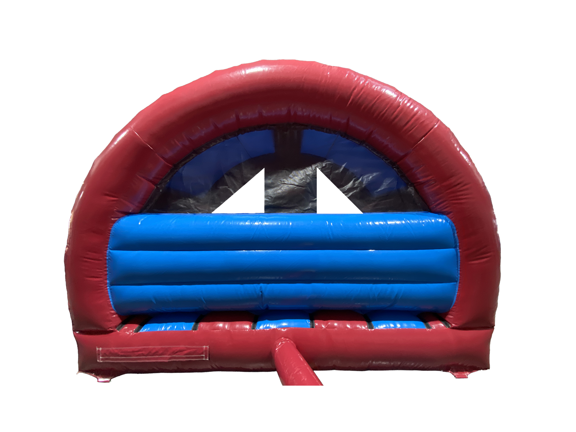 Airquee 3D fire truck inflatable combi with a curved front slide, featuring vibrant red and blue PVC construction.