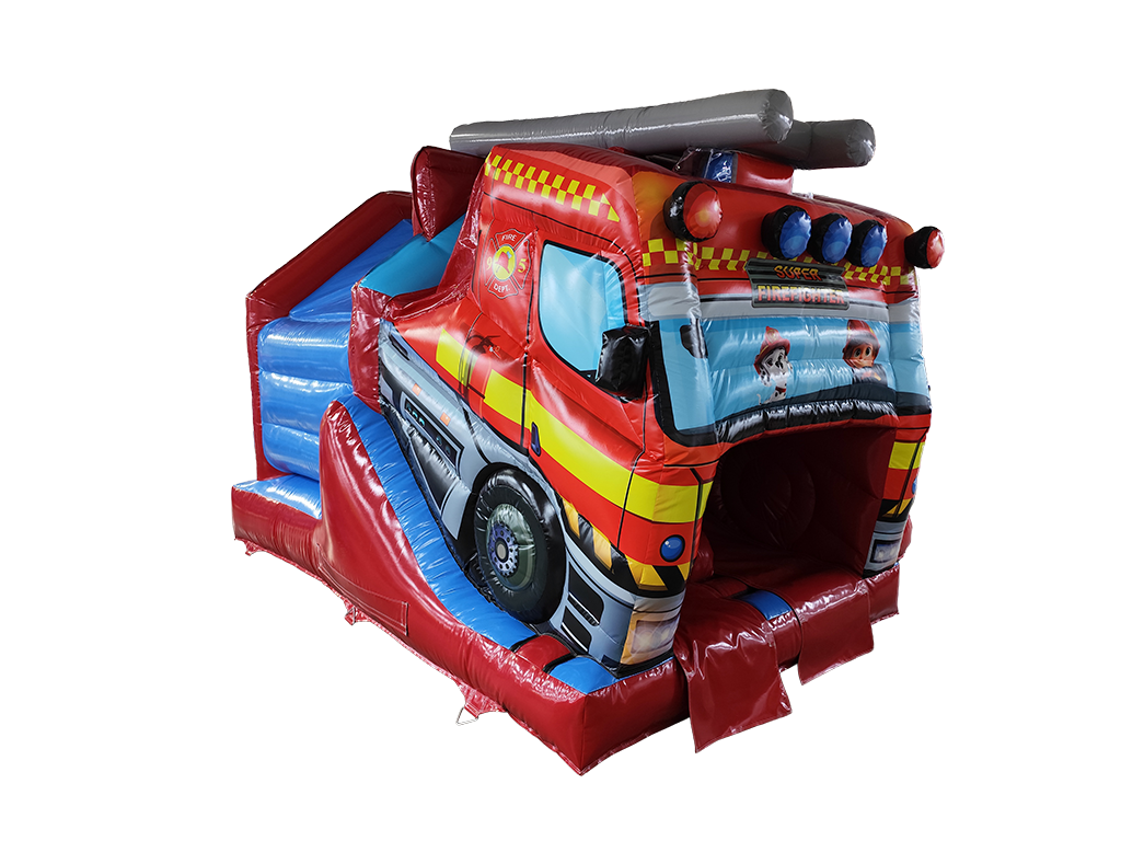 Airquee 3D fire truck twin lane inflatable bouncy castle with front slide, bright red and blue gloss PVC design.