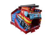Airquee 3D fire truck twin lane inflatable bouncy castle with front slide, bright red and blue gloss PVC design.
