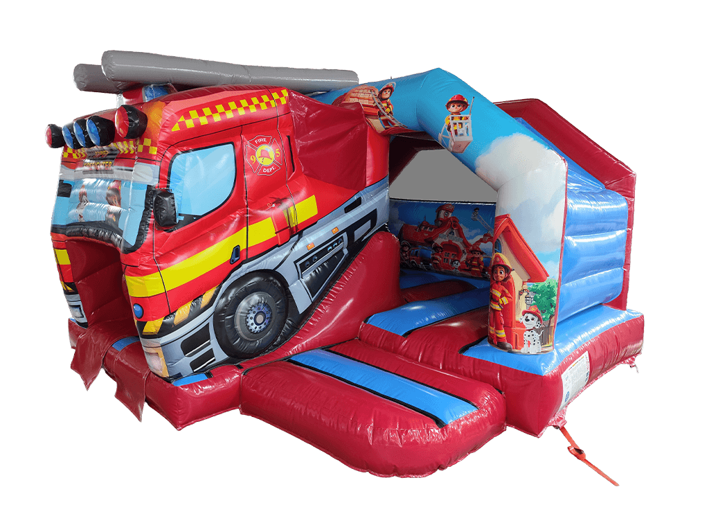 Airquee 3D fire truck inflatable bouncy castle with twin lane front slides, featuring bold red and blue PVC design.