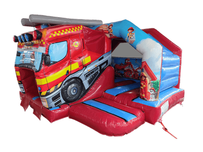 Airquee 3D fire truck inflatable bouncy castle with twin lane front slides, featuring bold red and blue PVC design.