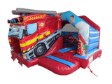 Airquee 3D fire truck inflatable bouncy castle with twin lane front slides, featuring bold red and blue PVC design.