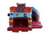 Airquee 3D fire truck twin lane front slide bouncy castle with red, blue, and black gloss PVC and emergency graphics.