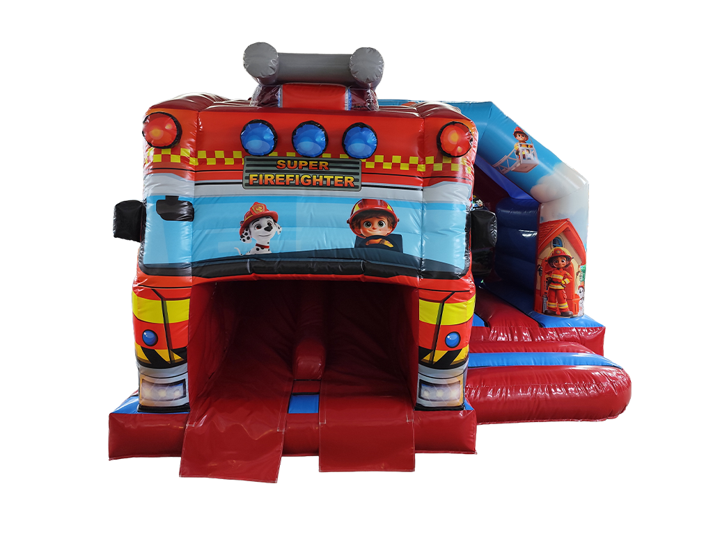 Airquee 3D fire truck twin lane front slide bouncy castle with red, blue, and black gloss PVC and emergency graphics.
