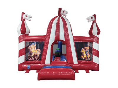 Airquee Fun Fair Multiplay inflatable with red and white circus tent design, carousel artwork, and play obstacles.