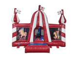 Airquee Fun Fair Multiplay inflatable with red and white circus tent design, carousel artwork, and play obstacles.