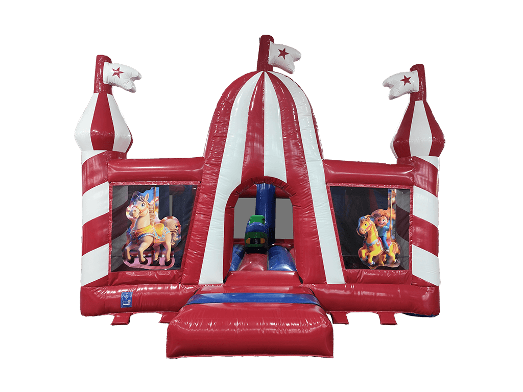 Airquee Fun Fair Multiplay inflatable with red and white circus tent design, carousel artwork, and play obstacles.