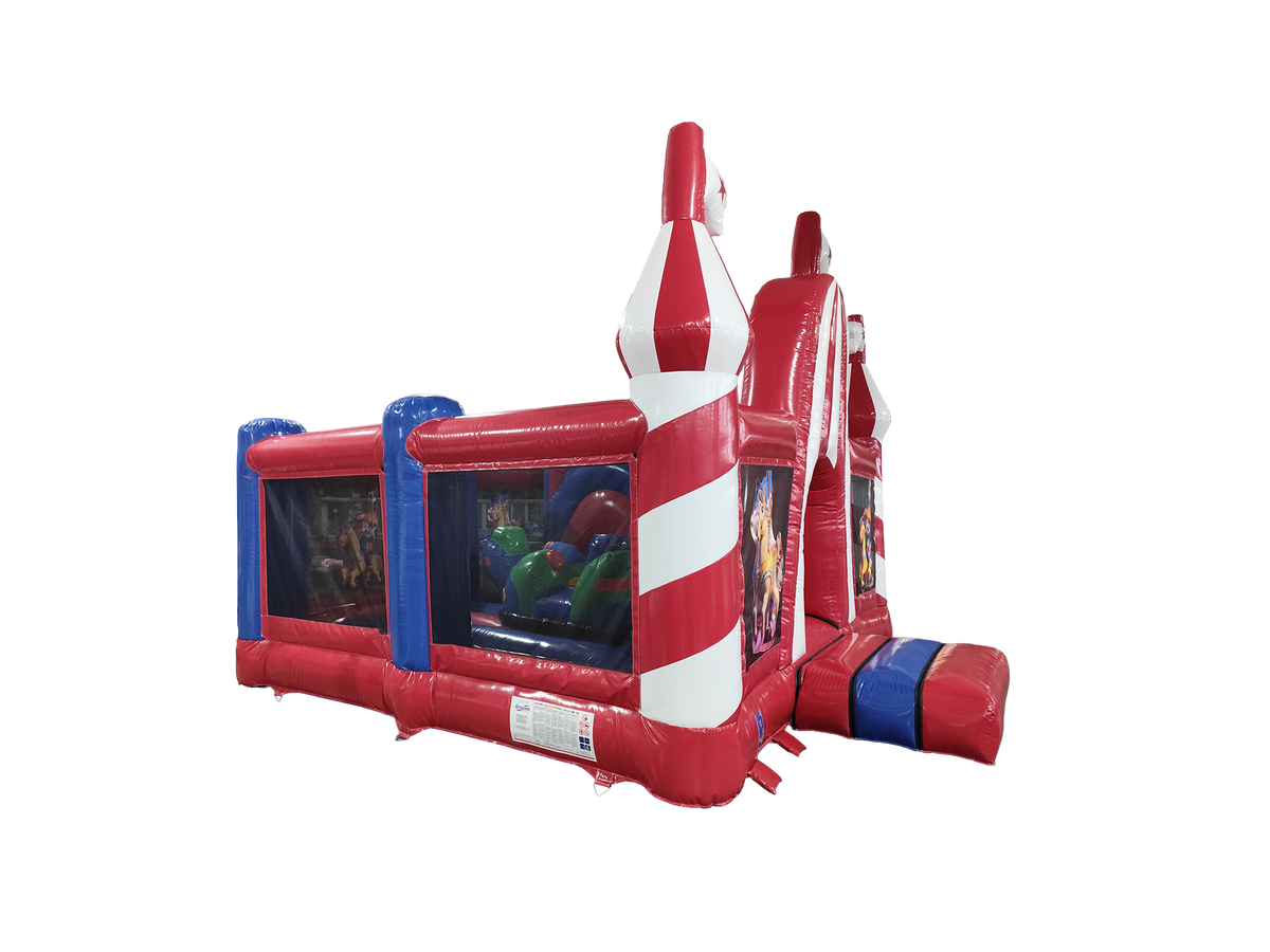 Airquee Fun Fair Multiplay inflatable with red and white circus-themed towers, bounce area, and crawl-through tunnels.