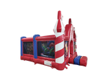Airquee Fun Fair Multiplay inflatable with red and white circus-themed towers, bounce area, and crawl-through tunnels.