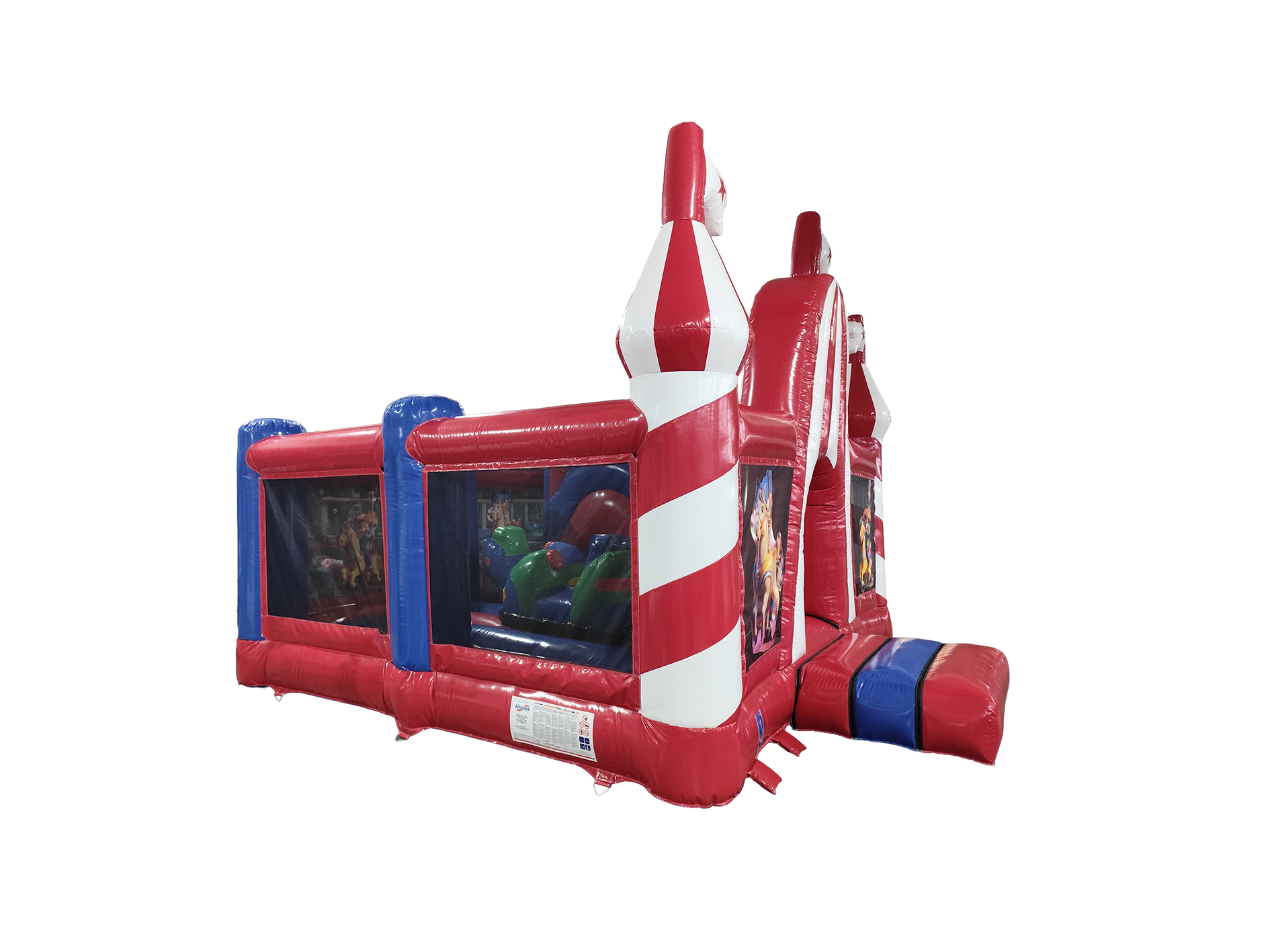 Airquee Fun Fair Multiplay inflatable with red and white circus-themed towers, bounce area, and crawl-through tunnels.