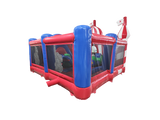 Airquee Fun Fair Multiplay inflatable with red and blue PVC walls, mesh sides, and circus-themed roof accents.