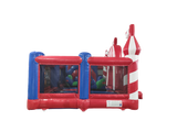 Airquee Fun Fair Multiplay inflatable with red, white, and blue circus-themed design and climbing obstacles.