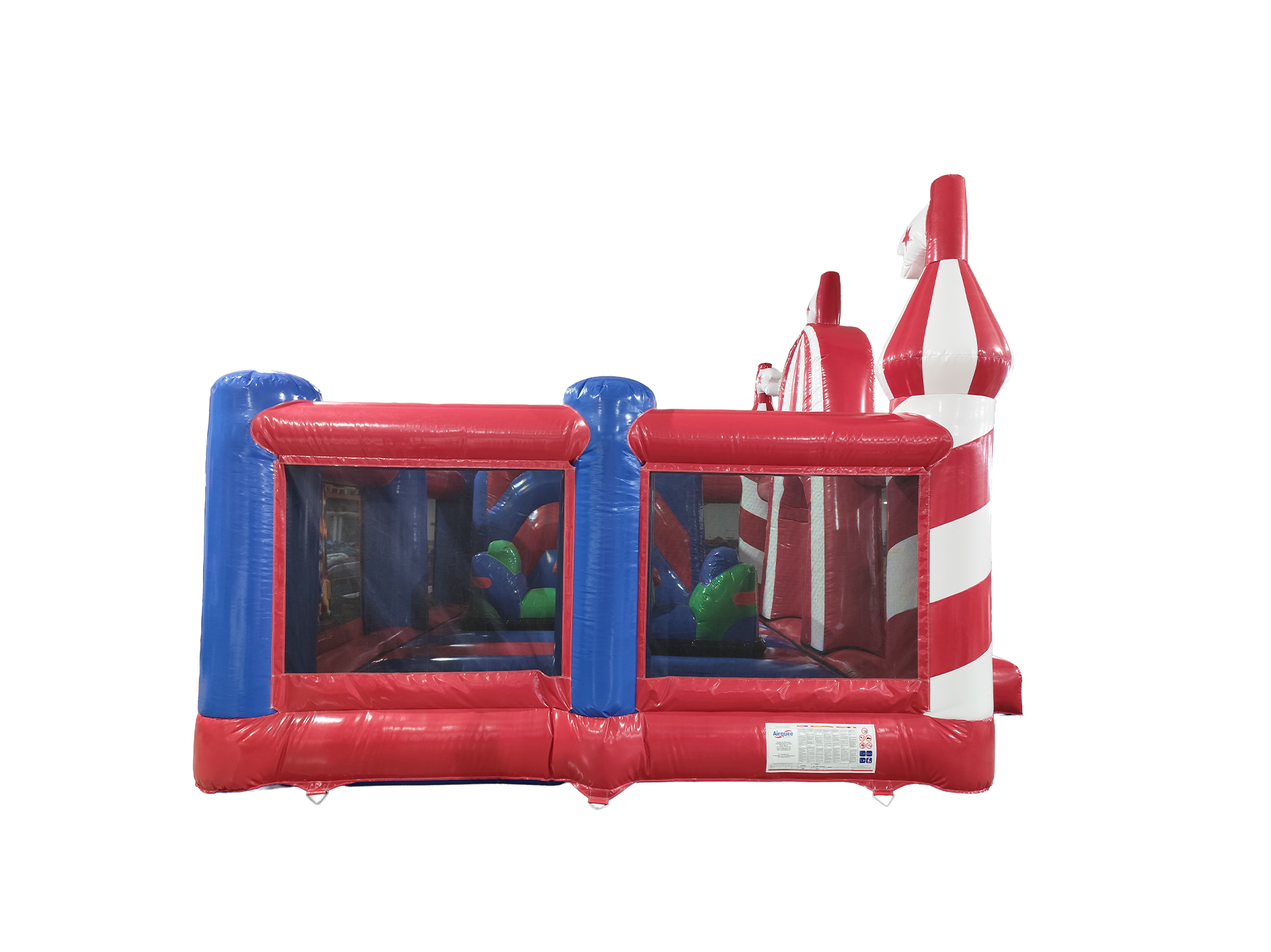 Airquee Fun Fair Multiplay inflatable with red, white, and blue circus-themed design and climbing obstacles.